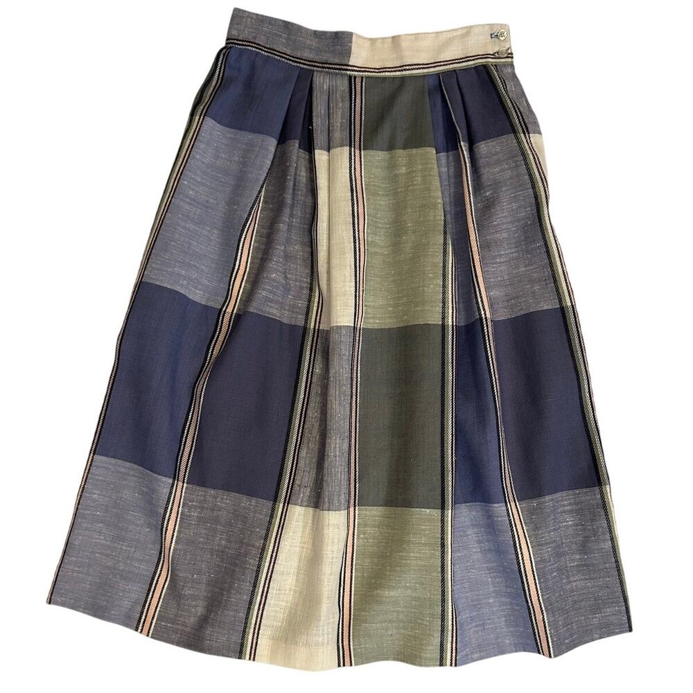 Vintage Work Habits  Blue Plaid Pleated Midi Skirt Made in USA High Waist 9/10